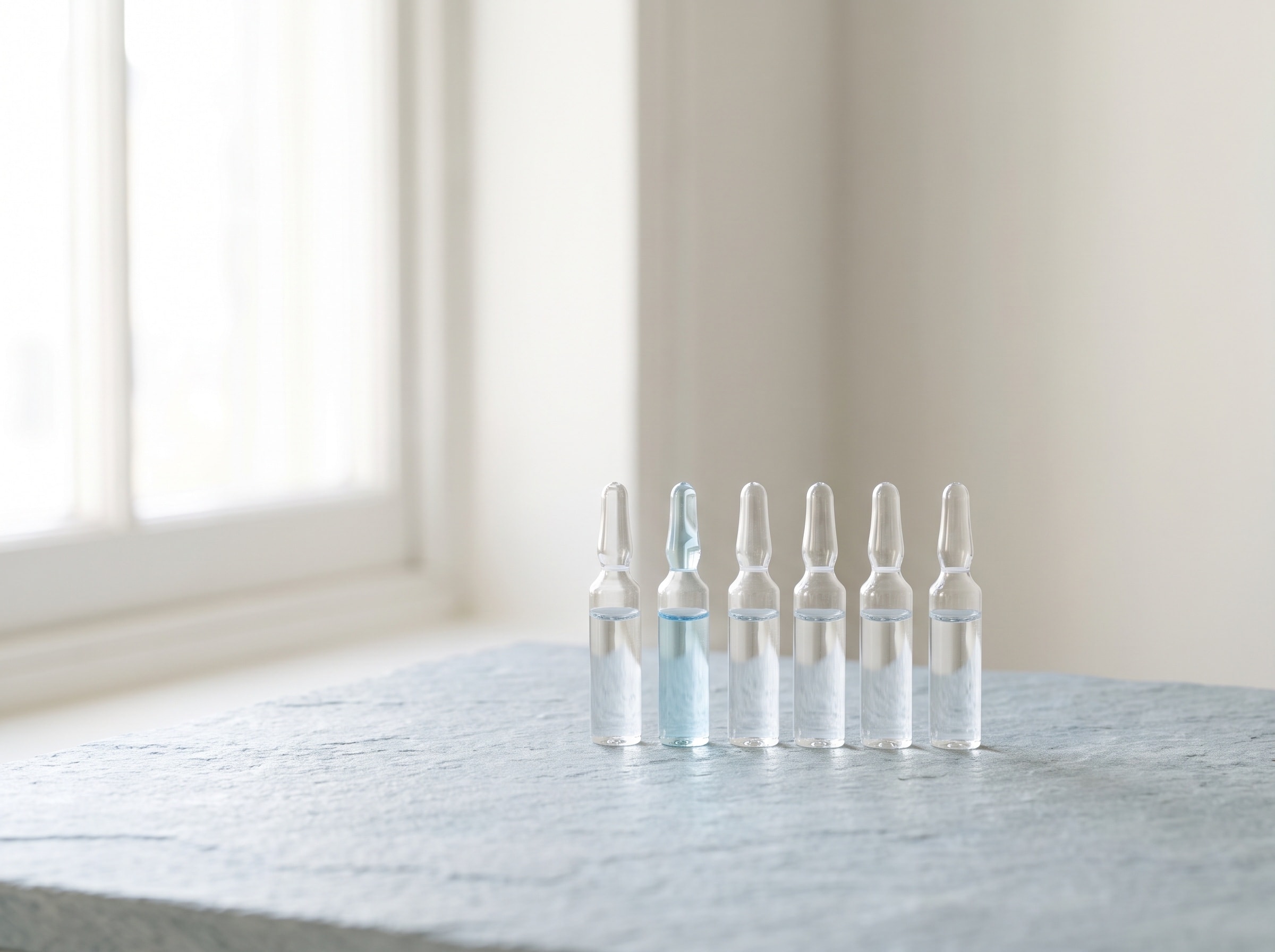 Row of glass medical ampoules with a single pale-blue dosage vial