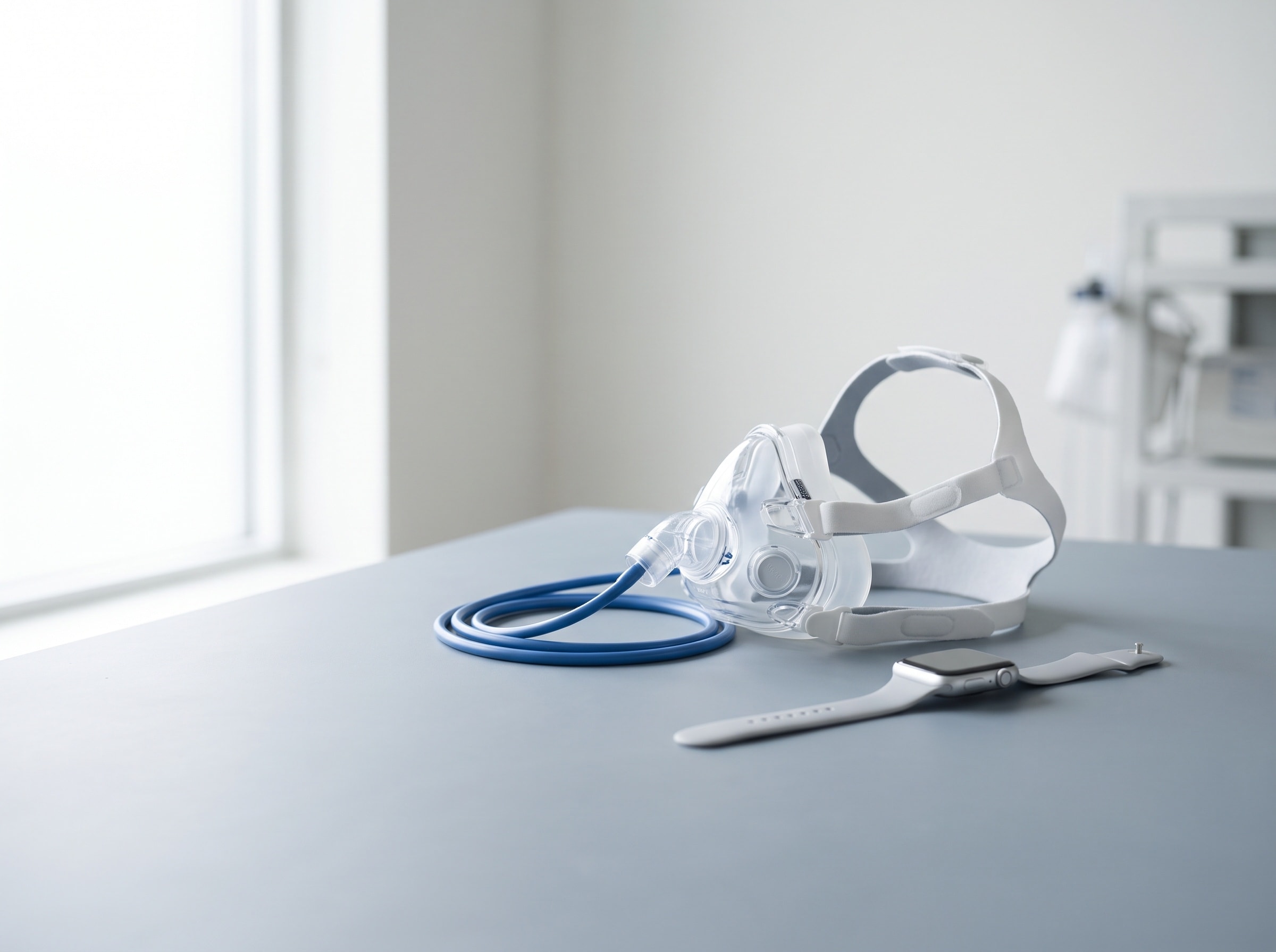 VO2-max breathing mask and a fitness wearable on a table in a performance lab