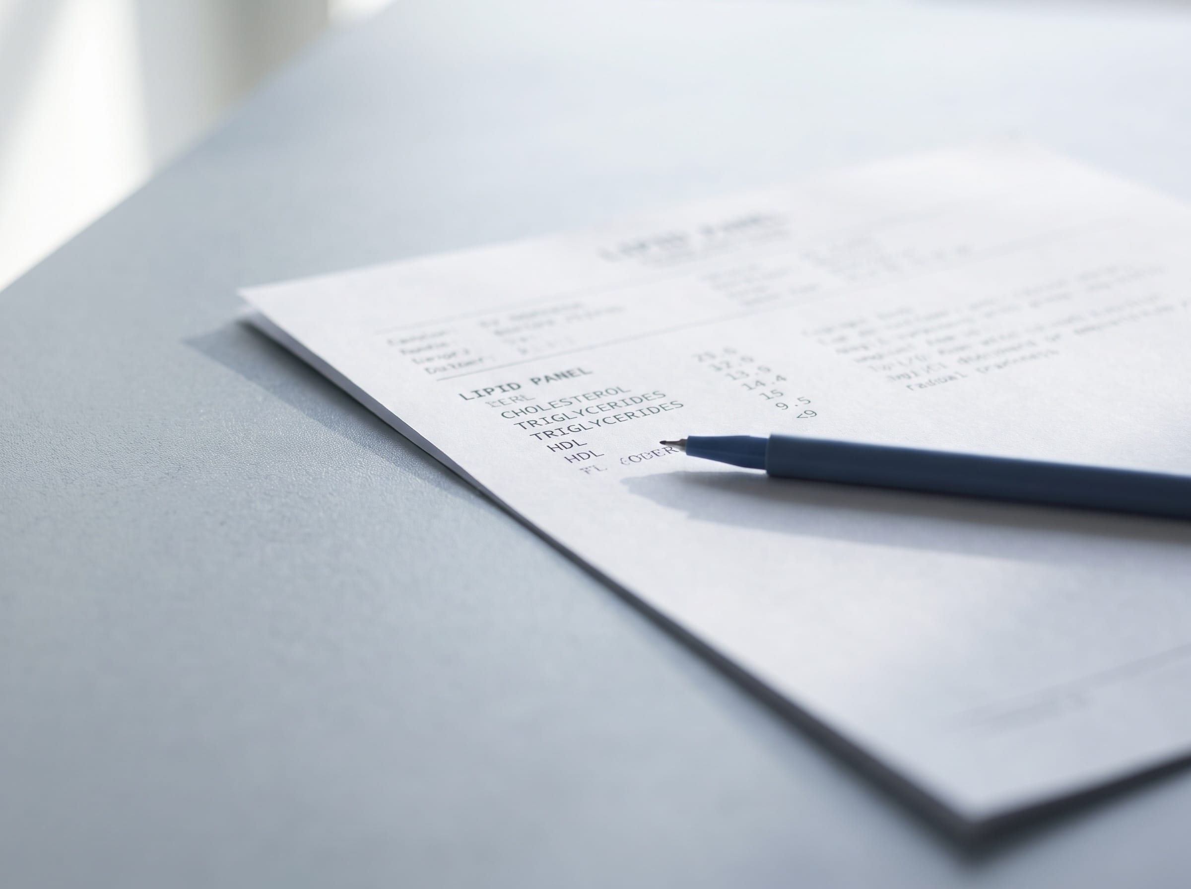 A printed lipid panel report page under a pen, type softly out of focus
