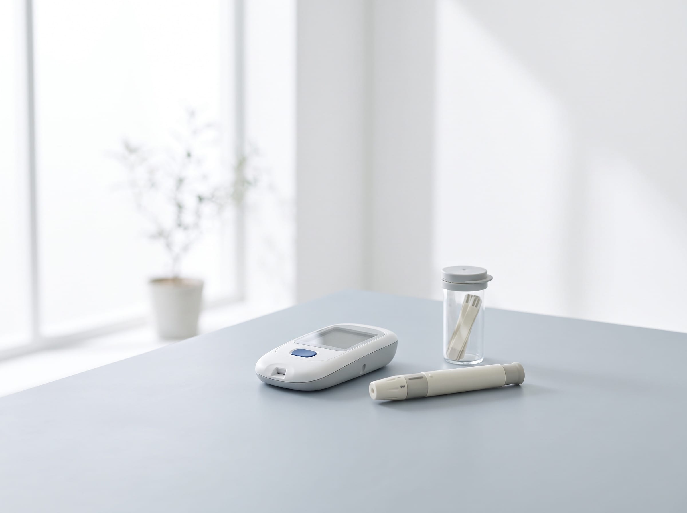 A glucometer with a lancet pen and a vial of test strips